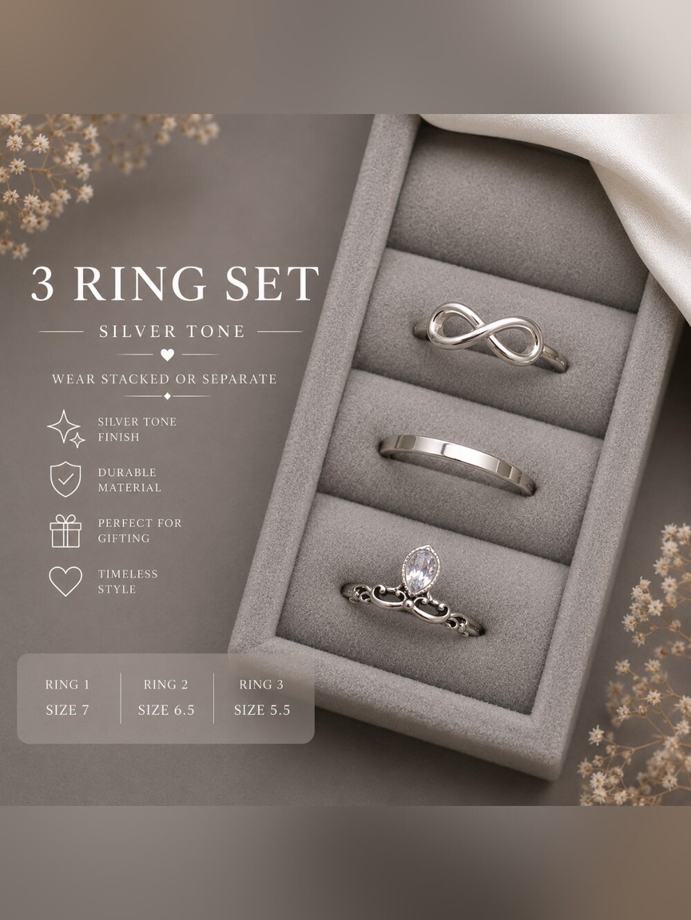 Silver Tone Women’s 3-Ring Set by